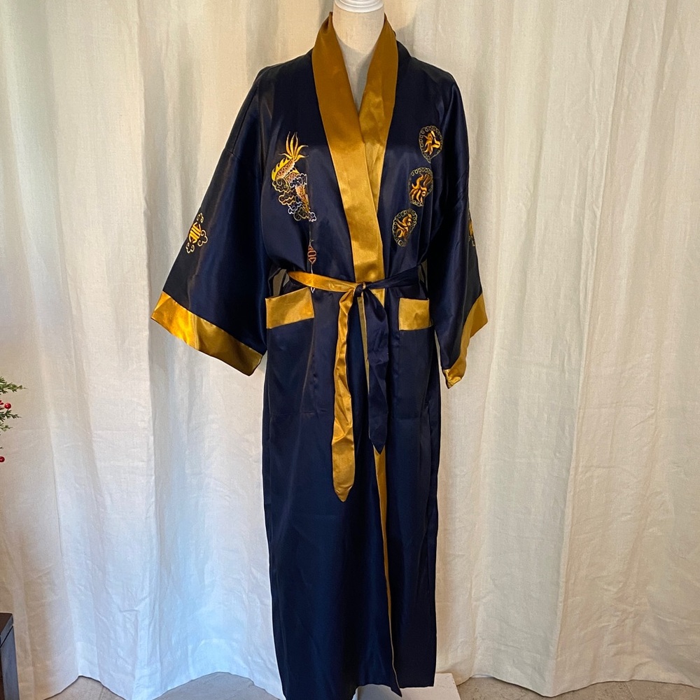 Silk-Feel Navy and Gold Embroidered Kimono Robe
